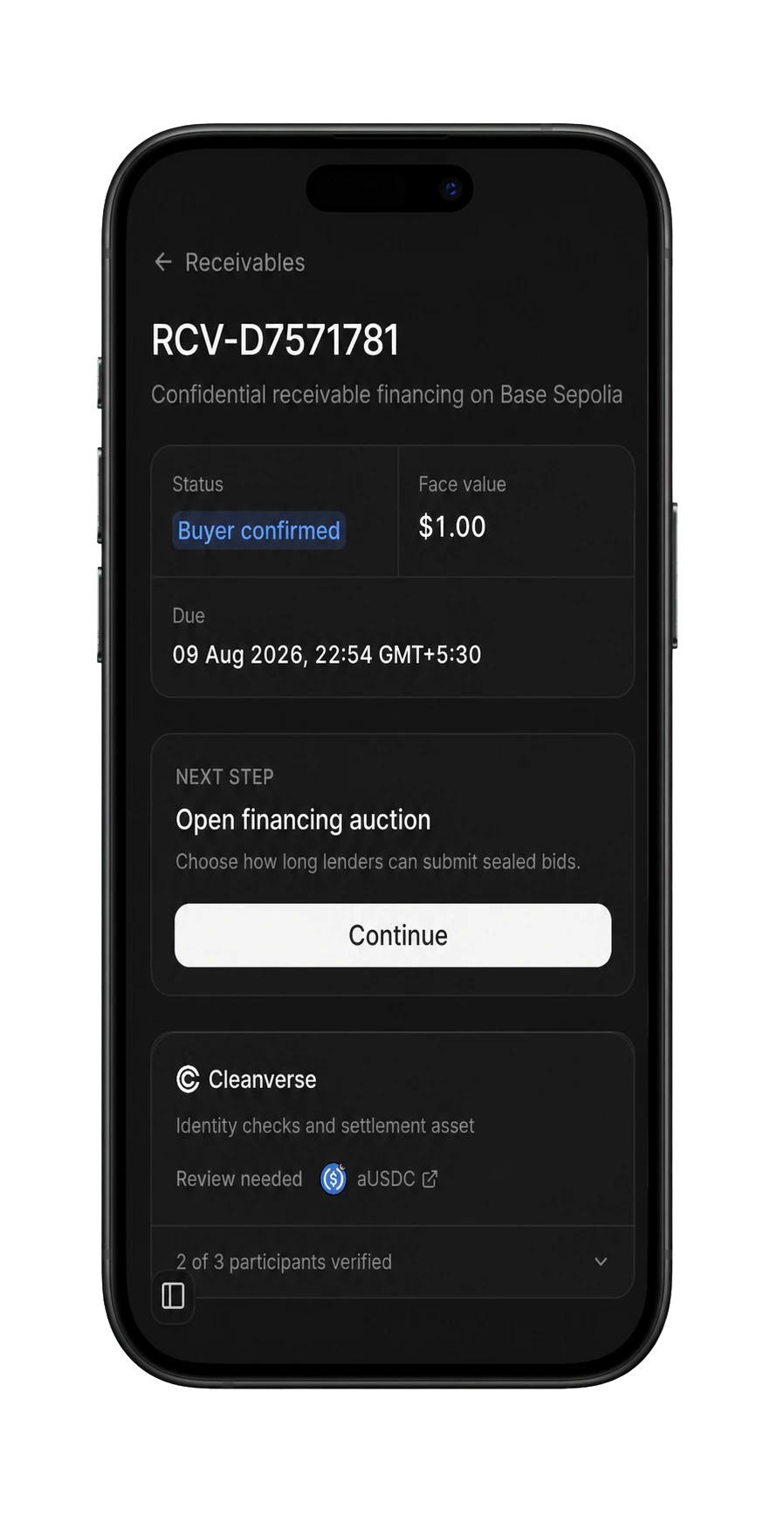 Real Bidnox receivable screen shown on an iPhone